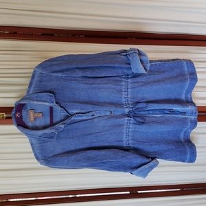 Chico's blue cotton jacket. Button front and roll sleeves. Tie waist. Size 2.